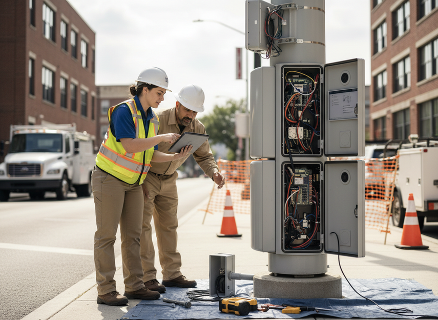 A technician and municipal planner reviewing a smart pole installation plan beside a street pole prototype outdoors.