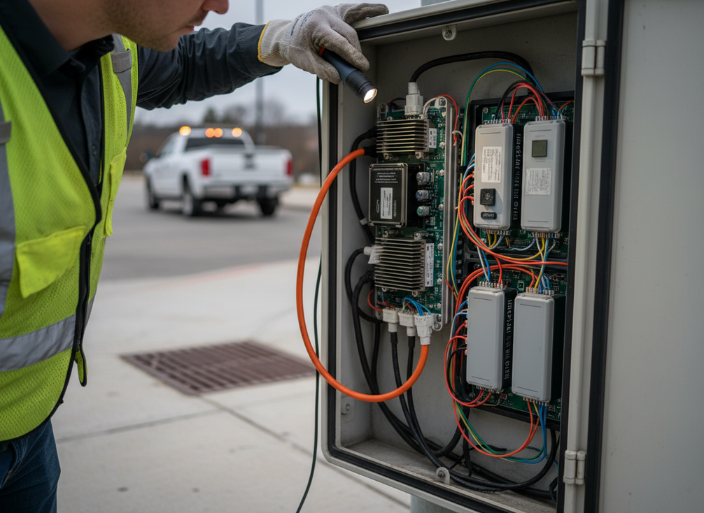 A close view of smart pole equipment under maintenance with separate lighting and network components visible in a controlled city utility setting.