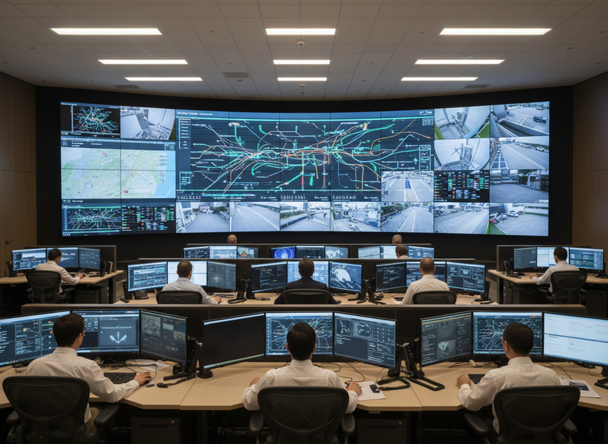 24/7 command center with a large LED video wall showing multiple operational dashboards and alert panels in a modern control room