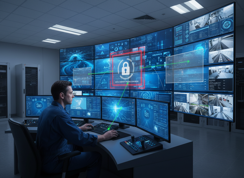 Control room operator adjusting display layout on a large LED wall to reduce static content exposure