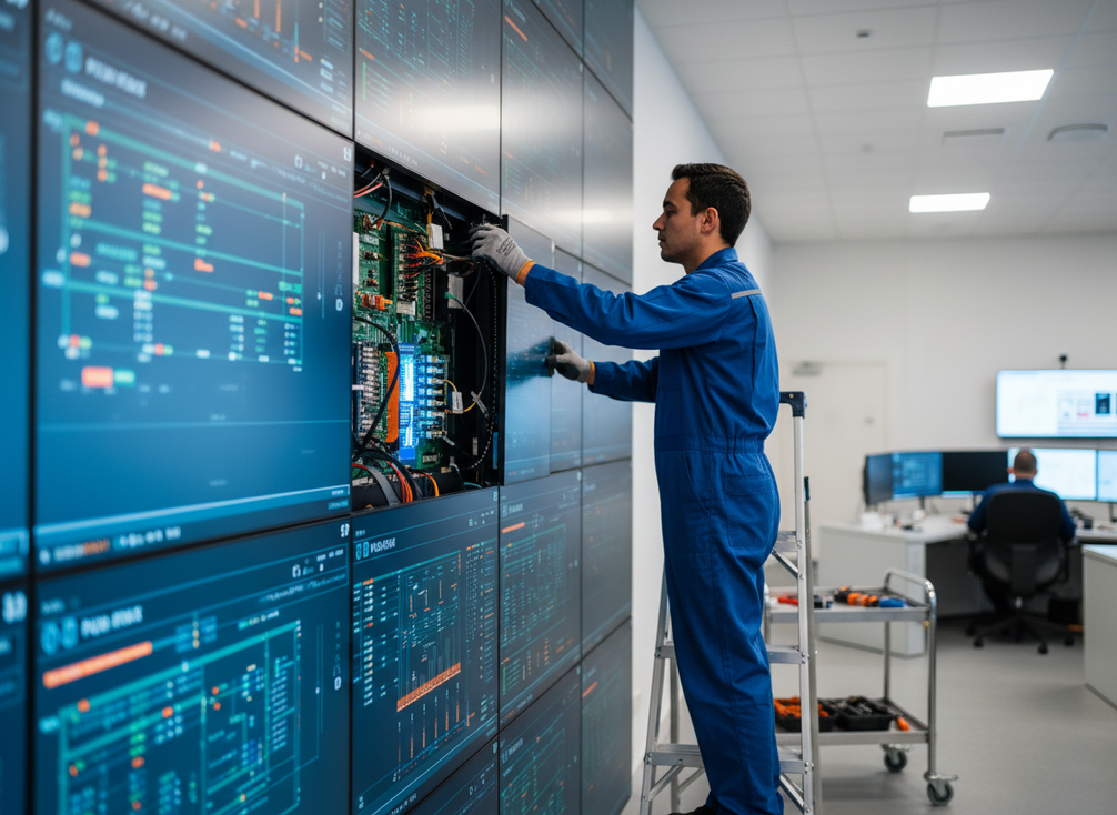 Front-service access demonstration on a fine-pitch LED wall module in a mission-critical control room