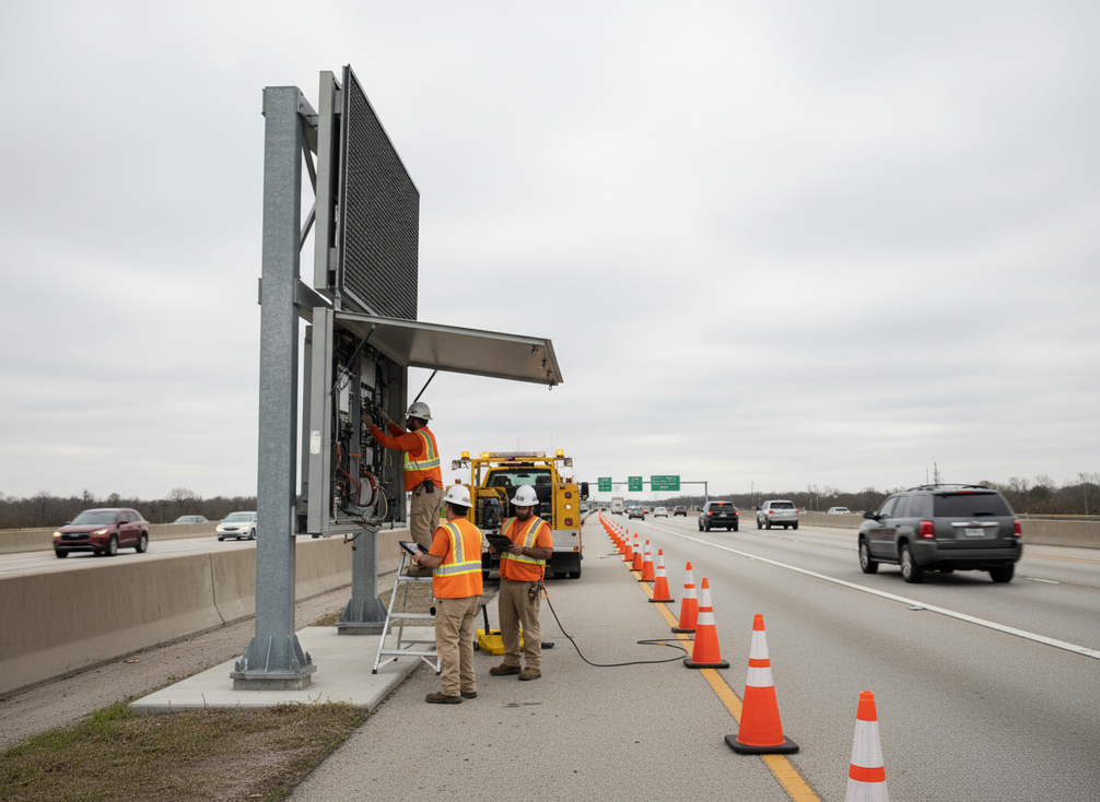 Front-access highway VMS being serviced from the safe side on a roadside shoulder by a DOT maintenance crew
