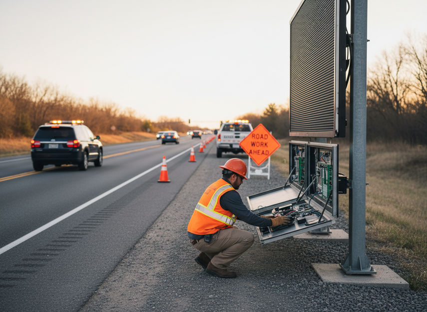 DOT technician inspecting a front-access VMS panel from the shoulder during a controlled maintenance stop