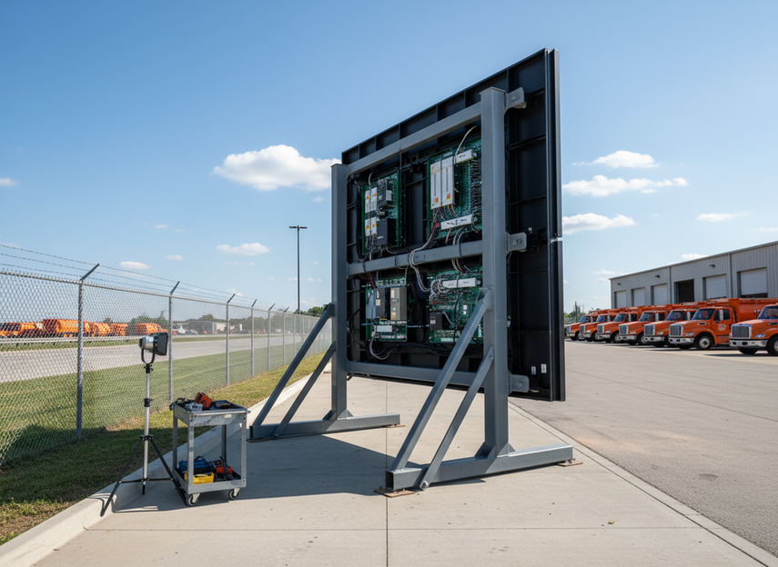 Rear-service highway VMS in a protected maintenance yard with open rear access and clear working space