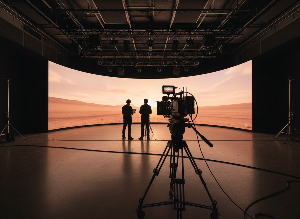 LED wall virtual production stage with a camera on tripod capturing a clean test image