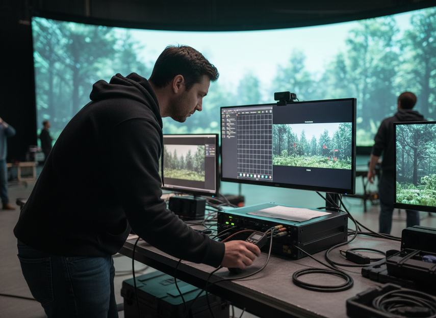 Technician checking LED wall flicker on a monitor during a virtual production camera test