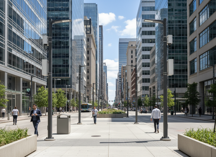 Municipal smart poles along a city street with telecom equipment mounted for 5G carrier leasing