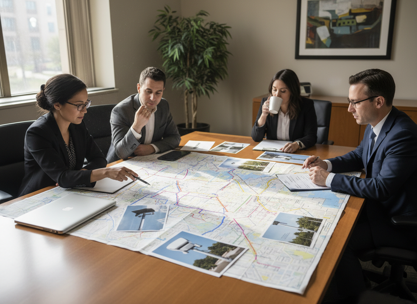 City planners reviewing a corridor map and pole inventory to compare fixed lease, revenue share, and hybrid smart pole revenue options