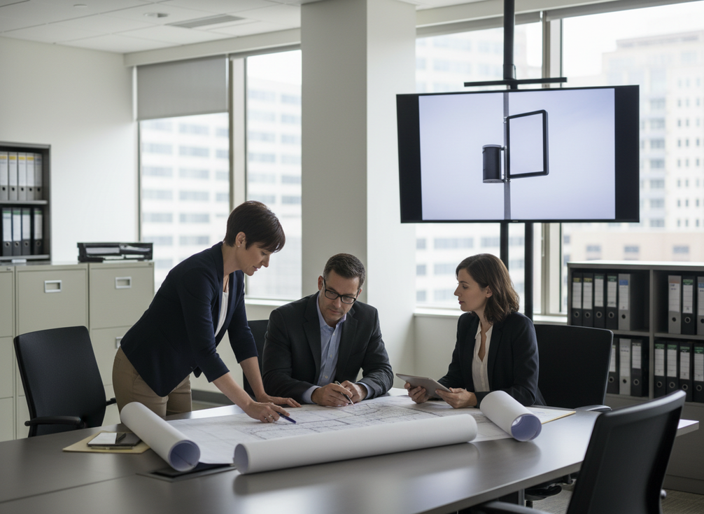 Smart city pole permit review scene in a municipal office with an engineer, planner, and site drawings discussing a street-mounted display project