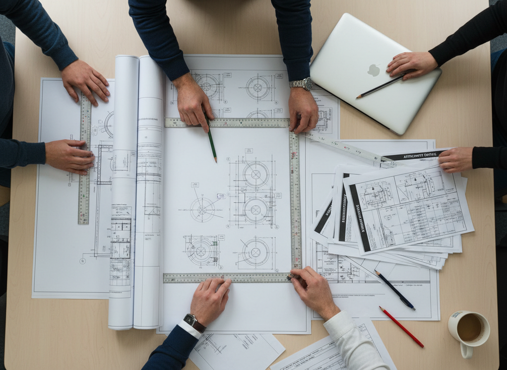City permit reviewers examining a structural drawing set and a pole attachment diagram for a smart pole installation