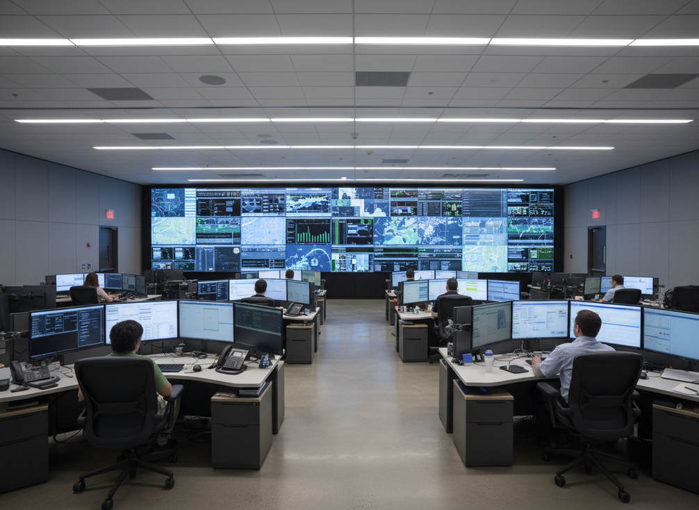 24/7 command center with a large seamless video wall above operator consoles in a bright control room