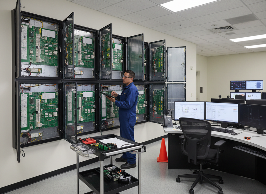 Control room technician inspecting a wall-mounted video display from the front in a mission-critical monitoring space