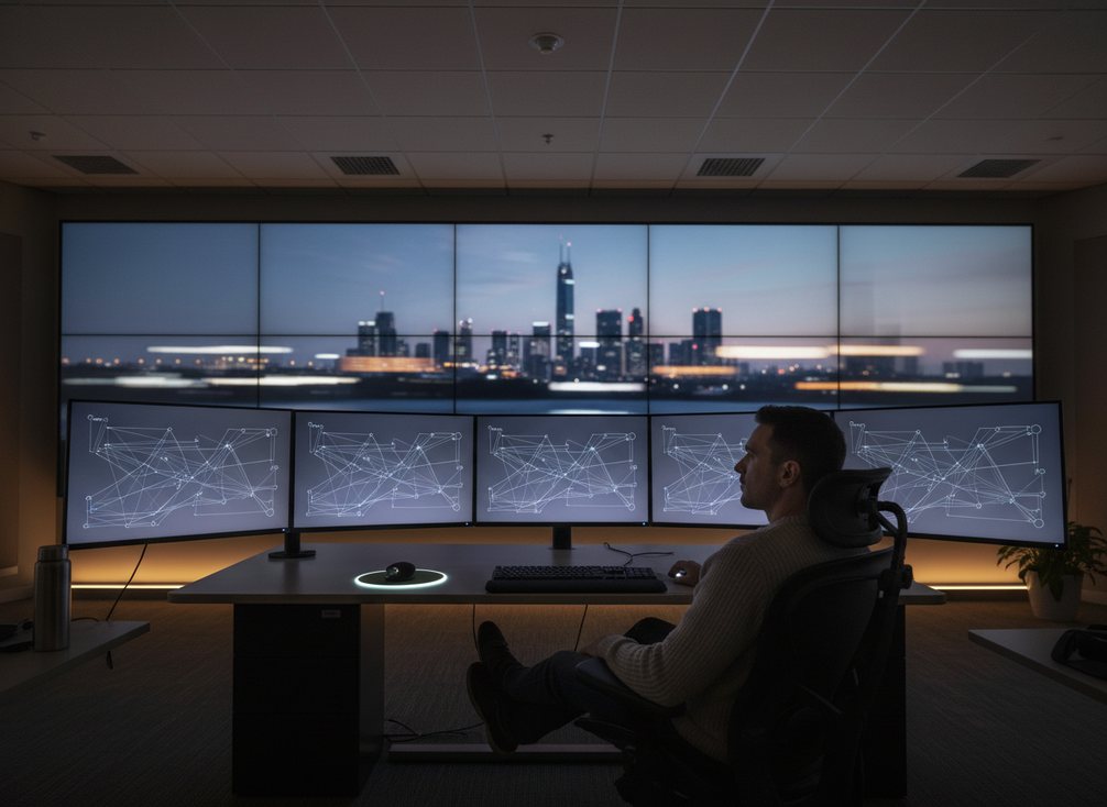 Close view of operators monitoring multiple data feeds on a seamless video wall during a long shift in a dim control room