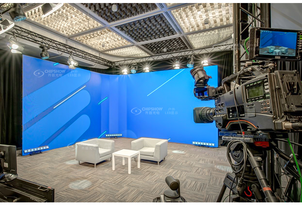 broadcast studio blue led video wall with cameras