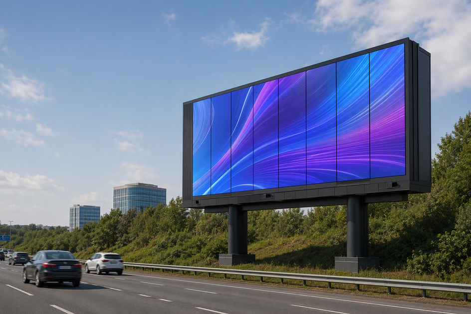 Outdoor LED billboard glowing beside a roadway in daylight, framed by open sky and surrounding landscape.