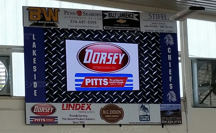 Indoor P6 LED screen above a basketball court in a covered arena