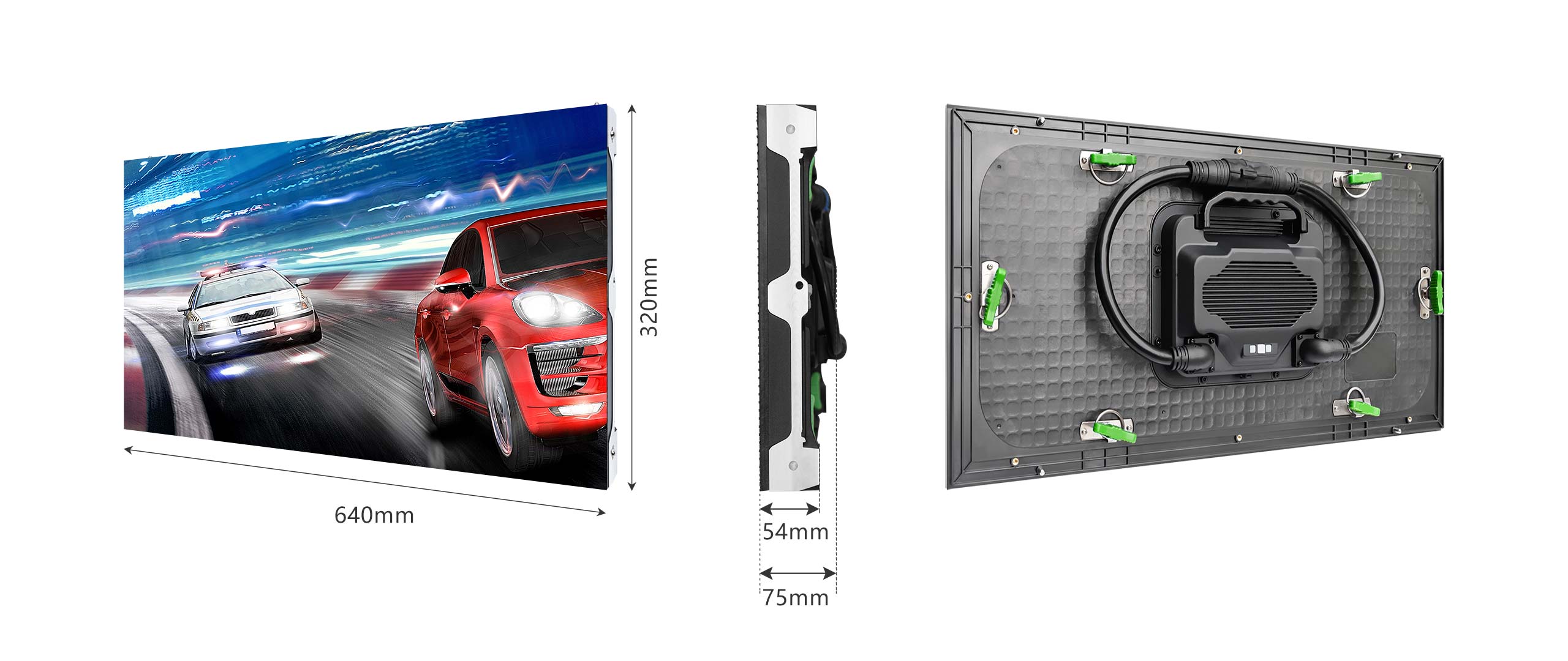 LED cabinet front, side and rear view showing cabinet dimensions and the rear service area used to plan power and signal routing.