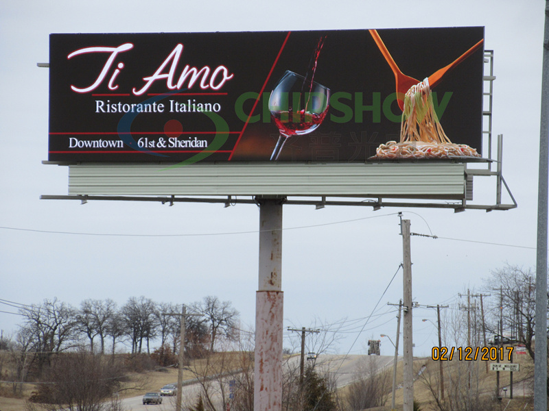 A top-left detail shot of a gray C-Vent outdoor P10 hollow ventilating LED billboard installed in the USA.