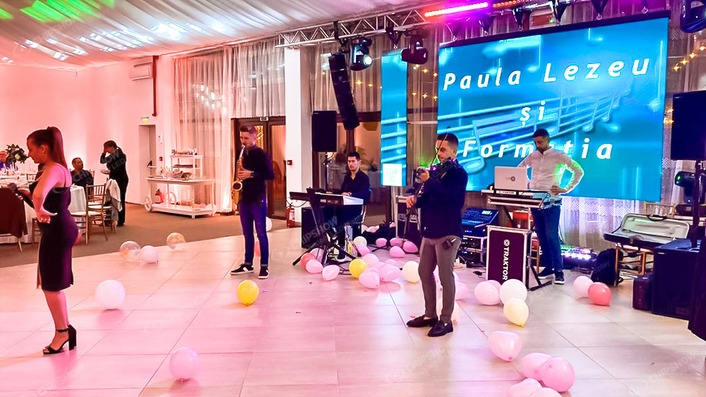 An outdoor rental stage LED screen displaying vibrant magenta visuals for a private party in Romania.