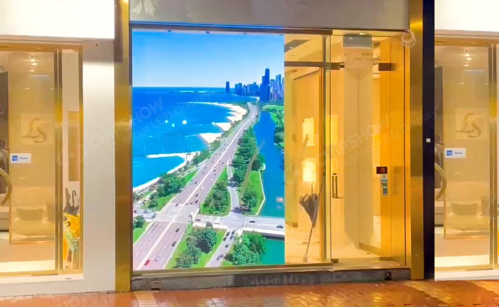 transparent led window display retail storefront landscape orange