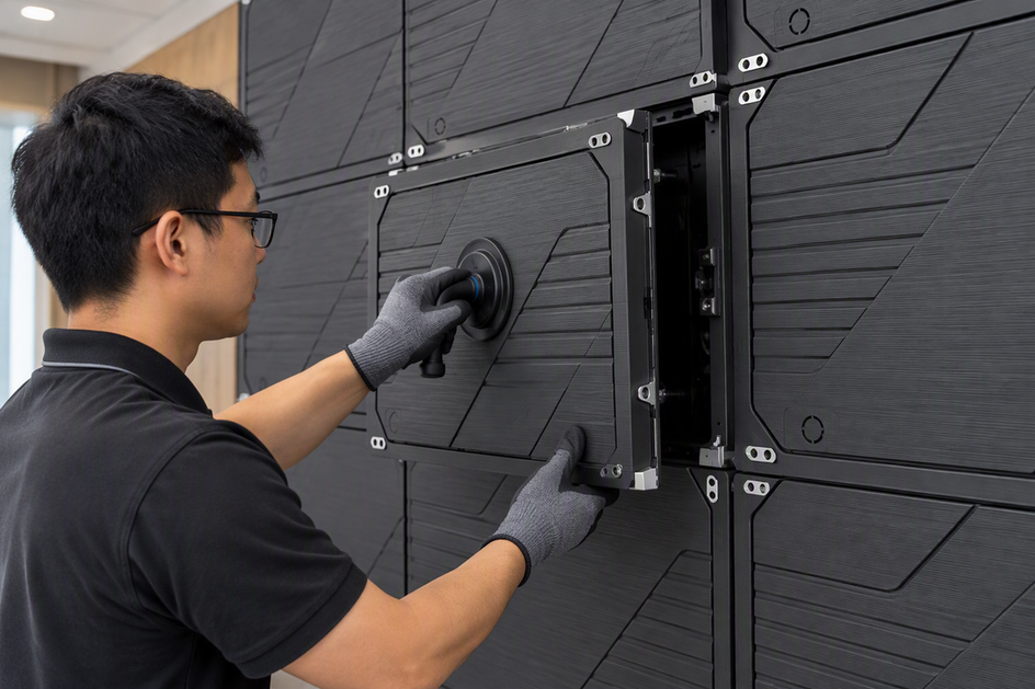Technician using a front-access tool to remove a localized COB LED service module from the control-room video wall while adjacent panels remain installed.