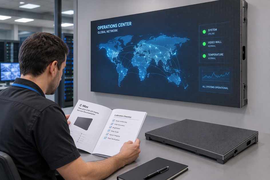 Technician reviewing COB LED service documentation beside an installed fine-pitch display, with a replacement module and calibration checklist arranged on a work surface.