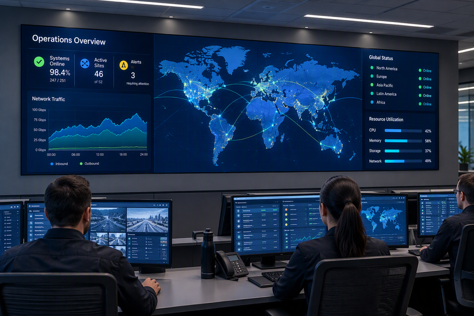 Fine-pitch COB LED video wall installed on the front wall of a staffed control room, with operators working at consoles below it.