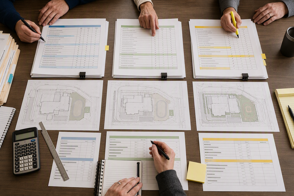 Procurement team comparing scoreboard bids with a checklist, cost sheets, and site drawings