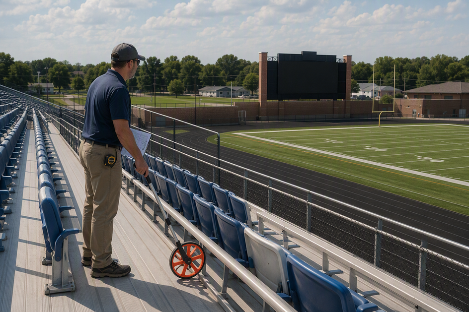 Facilities staff member measuring the distance from stadium seats to an outdoor scoreboard