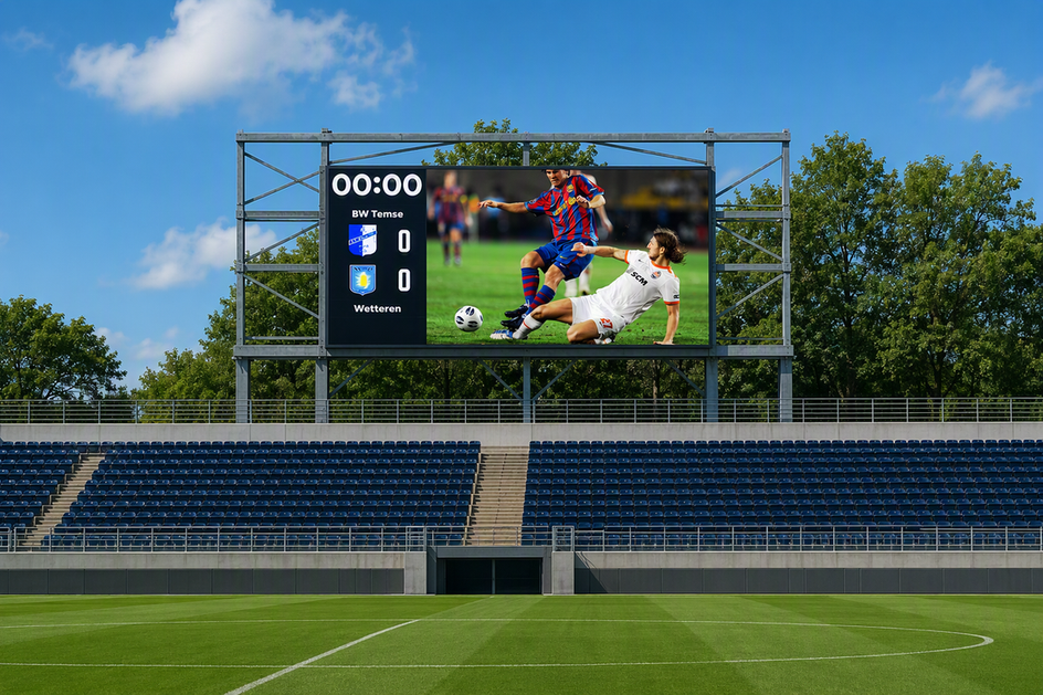 Outdoor high school stadium scoreboard above the field with seating and bright daylight