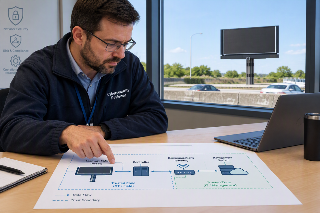 Reviewer mapping a highway VMS deployment with a roadside sign, controller, gateway, and management connections shown on a planning board