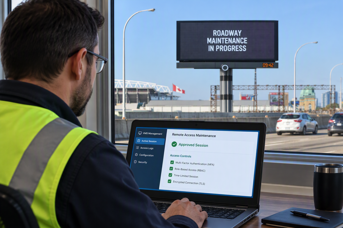 Technician reviewing a remote-access checklist at a workstation while an installed highway VMS is visible outside