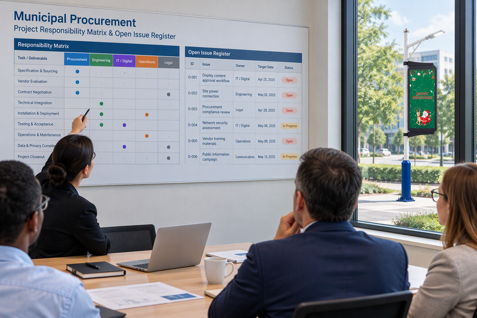 A procurement team maps smart pole responsibilities on a wall-sized matrix while the installed smart pole display remains visible through the meeting-room window.