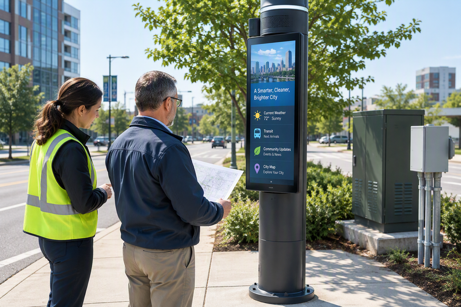 A city team reviews a smart pole display installation from the sidewalk while utility and telecom access points are considered around the pole.