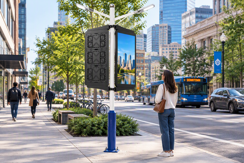A smart pole display stands along a city street with surrounding buildings, vehicles, pedestrians, and connected urban infrastructure.