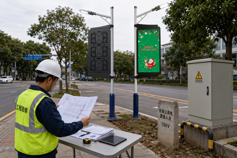 Smart pole LED display beside a site plan showing power and network handoff planning