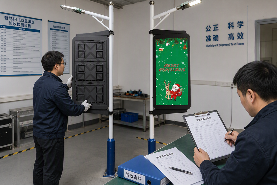 Technician inspecting a smart pole LED display during a documented municipal acceptance test