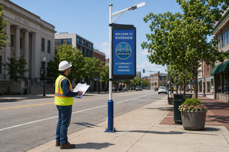 Smart pole LED display installed along a municipal street with an engineer reviewing site plans nearby