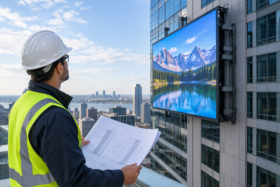 Engineer reviewing structural drawings beside a high-rise outdoor LED display