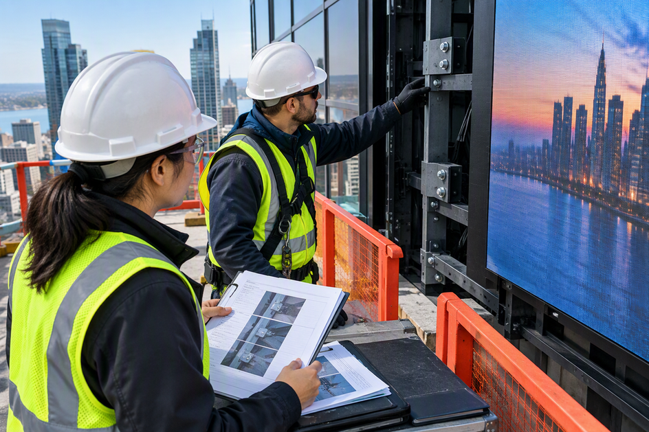 Installation crew inspecting the structural connections of a high-rise outdoor LED display