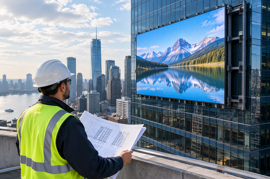High-rise outdoor LED display planned with structural drawings and a city setting in the background