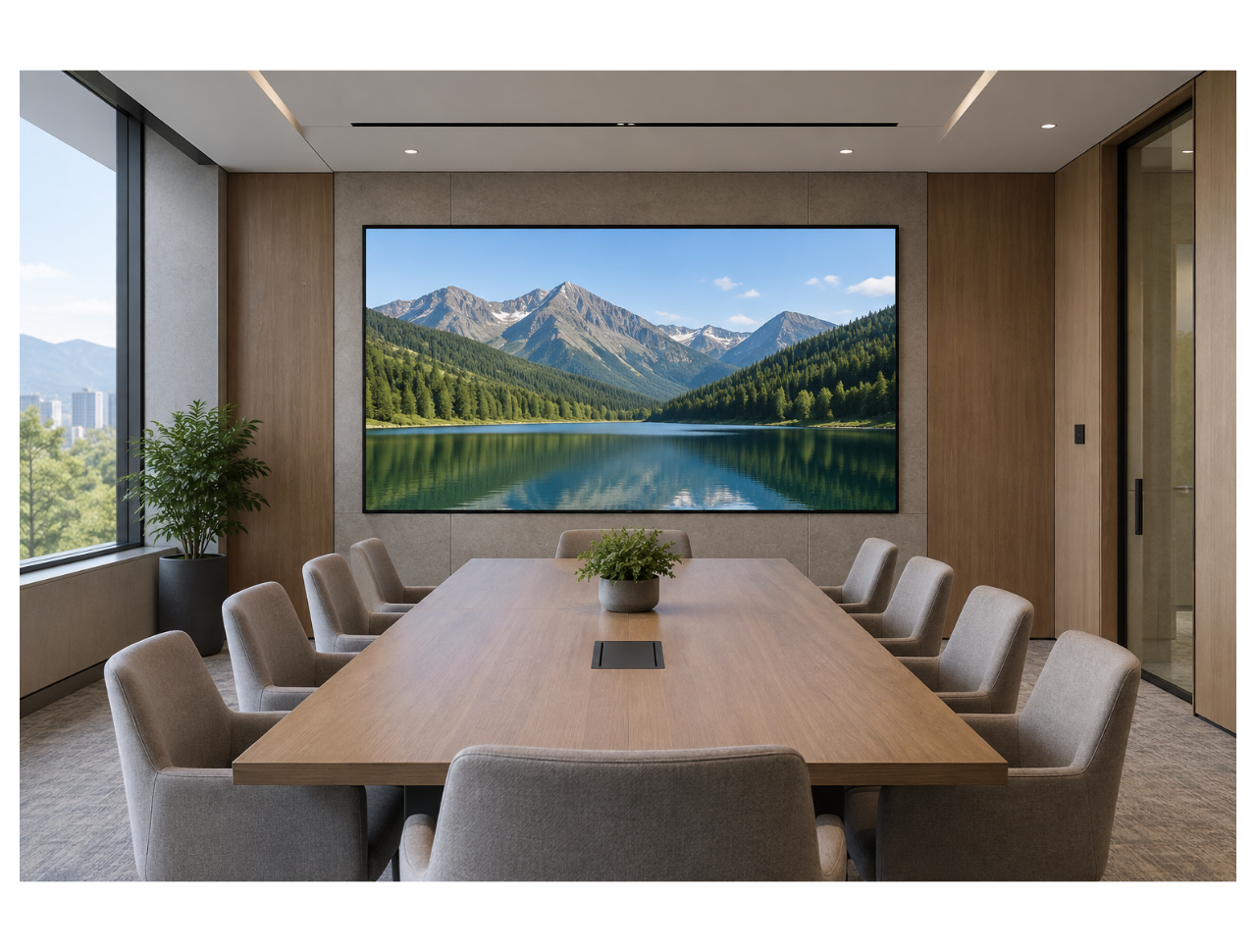 Meeting room application concept with a mountain and lake image on the indoor display.