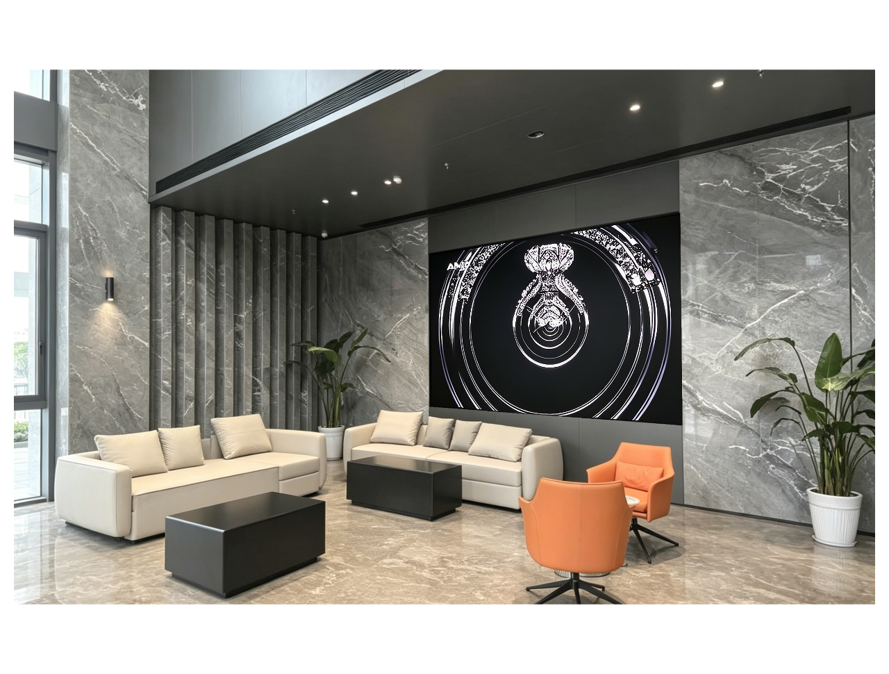 Supplier application reference: an indoor lounge display showing product imagery; project and model identity unverified.