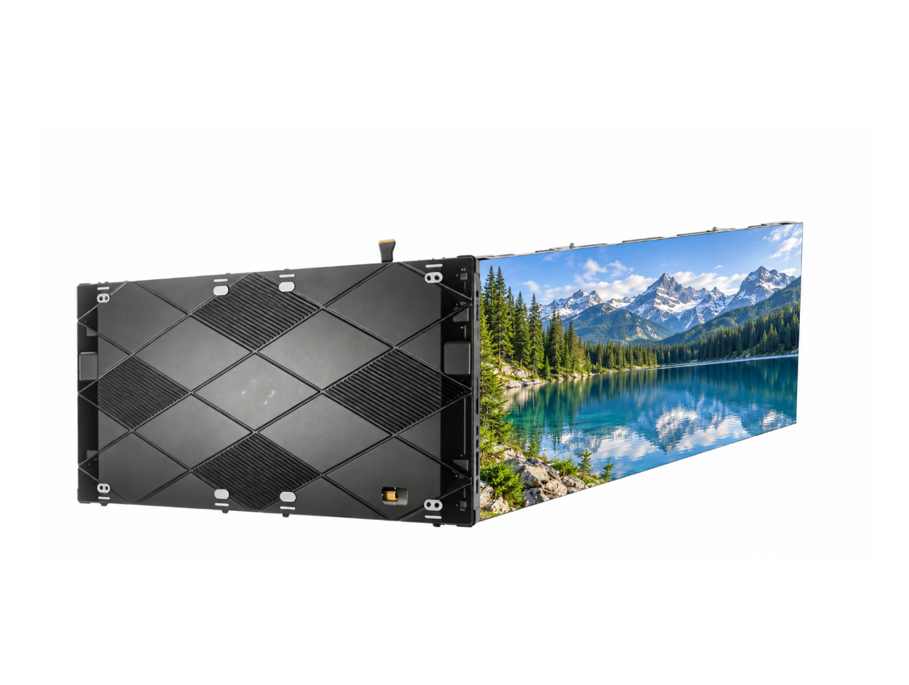 C-Pad-M cabinet visualization with simulated mountain and lake screen content.