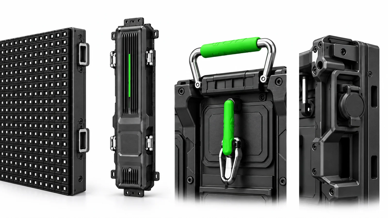 Concept illustration of four LED details: a module edge, a closed ribbed enclosure, a green handle and a capped external connection.
