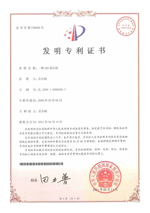 Document preview for LED Display Screen (ZL200910006649.3)