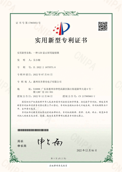 Document preview for Rotary Knob Lock for an LED Display (ZL202221675573.0)