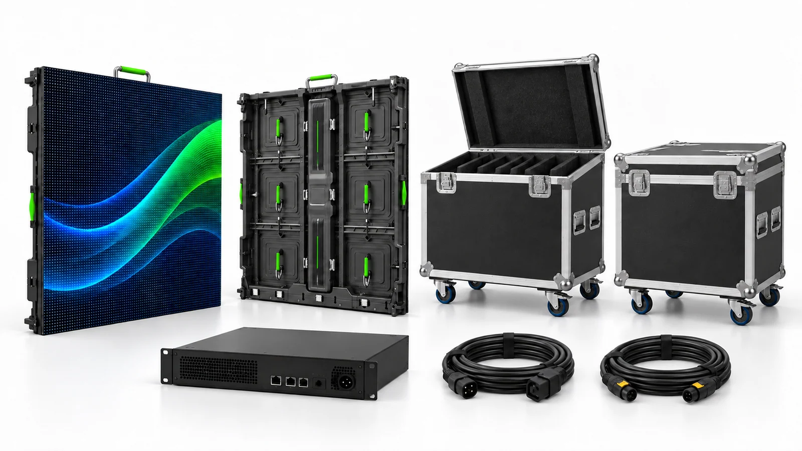 Concept illustration of a rental kit with black LED cabinets, two flight cases, a closed signal processor and coiled cables.