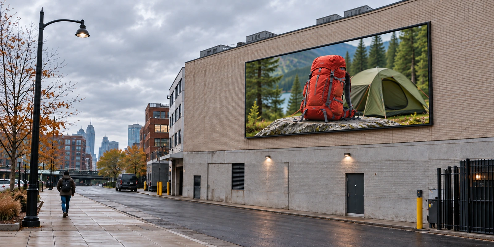 Application concept of a wall-mounted outdoor billboard displaying camping gear above an urban pavement.