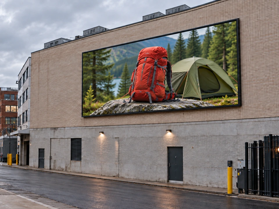 Application concept of a wall-mounted outdoor billboard displaying camping gear above an urban pavement.